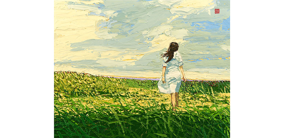 a painting of a woman walking through tall grass