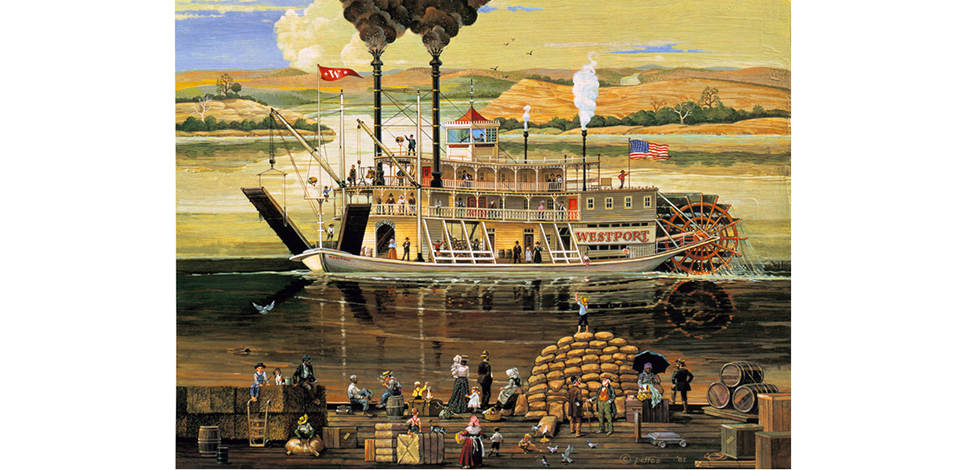 a painting of a steam boat and a crowd