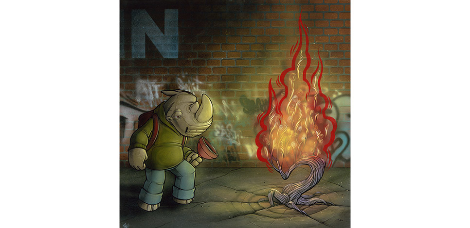 a painting of an anthropomorphic rhino next to a fire
