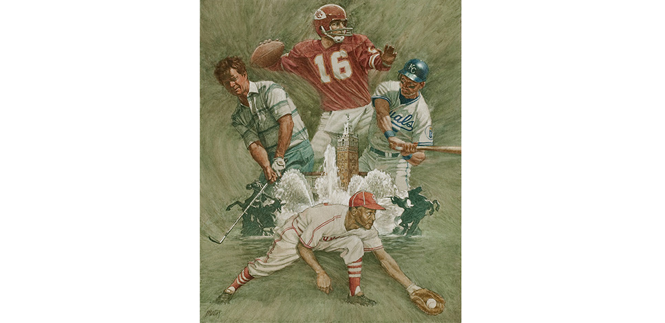 a painting of various people playing sports