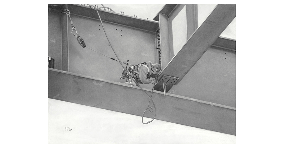 a drawing of an iron worker on a steel girder