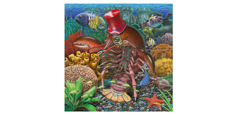 A painting of a lobster with a red top hat